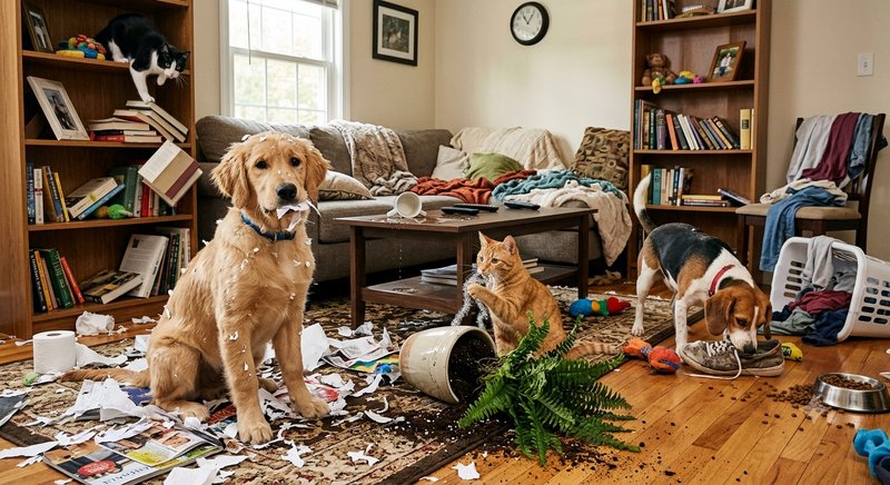 Guilty golden retriever, beagle, and cats stand in a messy destroyed living room full of clutter ...