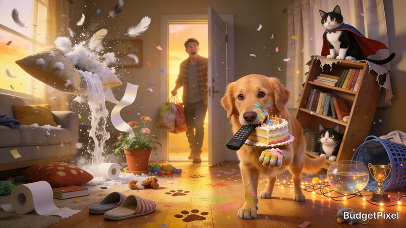 Mischievous golden retriever holds birthday cake and remote, as a shocked owner returns to a mess...