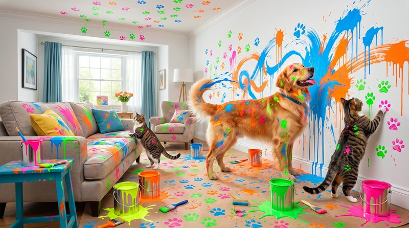 Golden retriever and tabby cats covered in bright paint create a silly messy art disaster in a co...