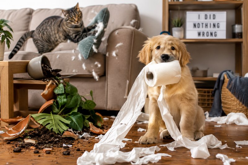 Guilty golden retriever puppy holds toilet paper as tabby cat destroys a pillow in a messy, wreck...
