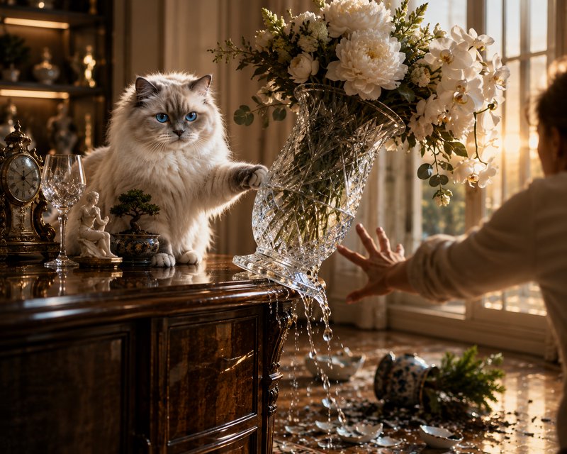 Fluffy blue-eyed Ragdoll cat tips a crystal flower vase off a sideboard as a person reaches to ca...