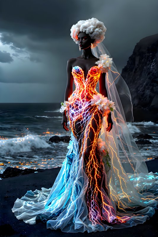 Surreal fantasy bride in glowing lightning-pattern gown stands on stormy black sand ocean shore