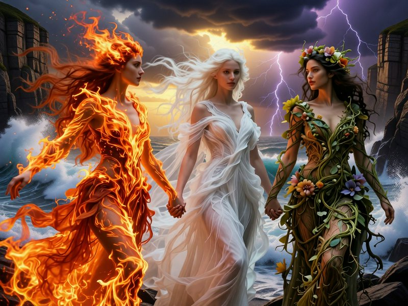 Three elemental goddesses of fire, air, and earth hold hands on a stormy rocky ocean cliff beneat...