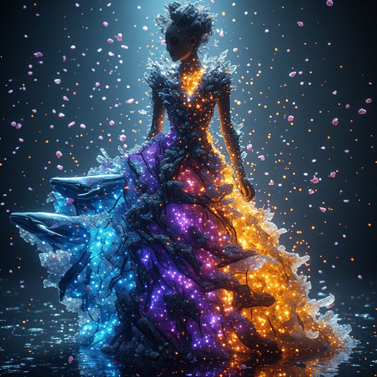 Ethereal fantasy woman in glowing gradient crystal ballgown with dolphin accents stands on reflec...