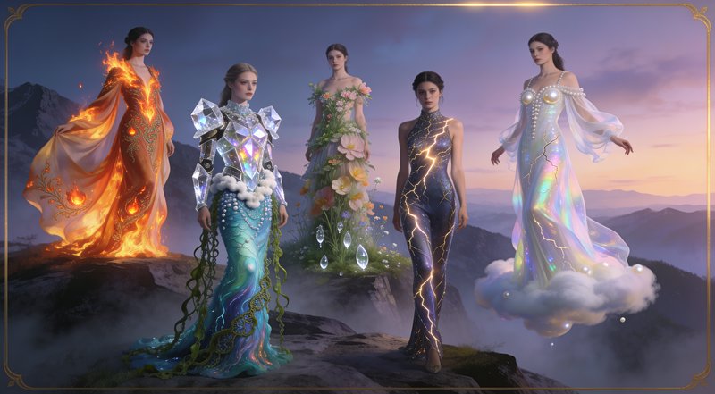 Five elemental fantasy goddesses in element-themed gowns stand on a misty mountain cliff at paste...
