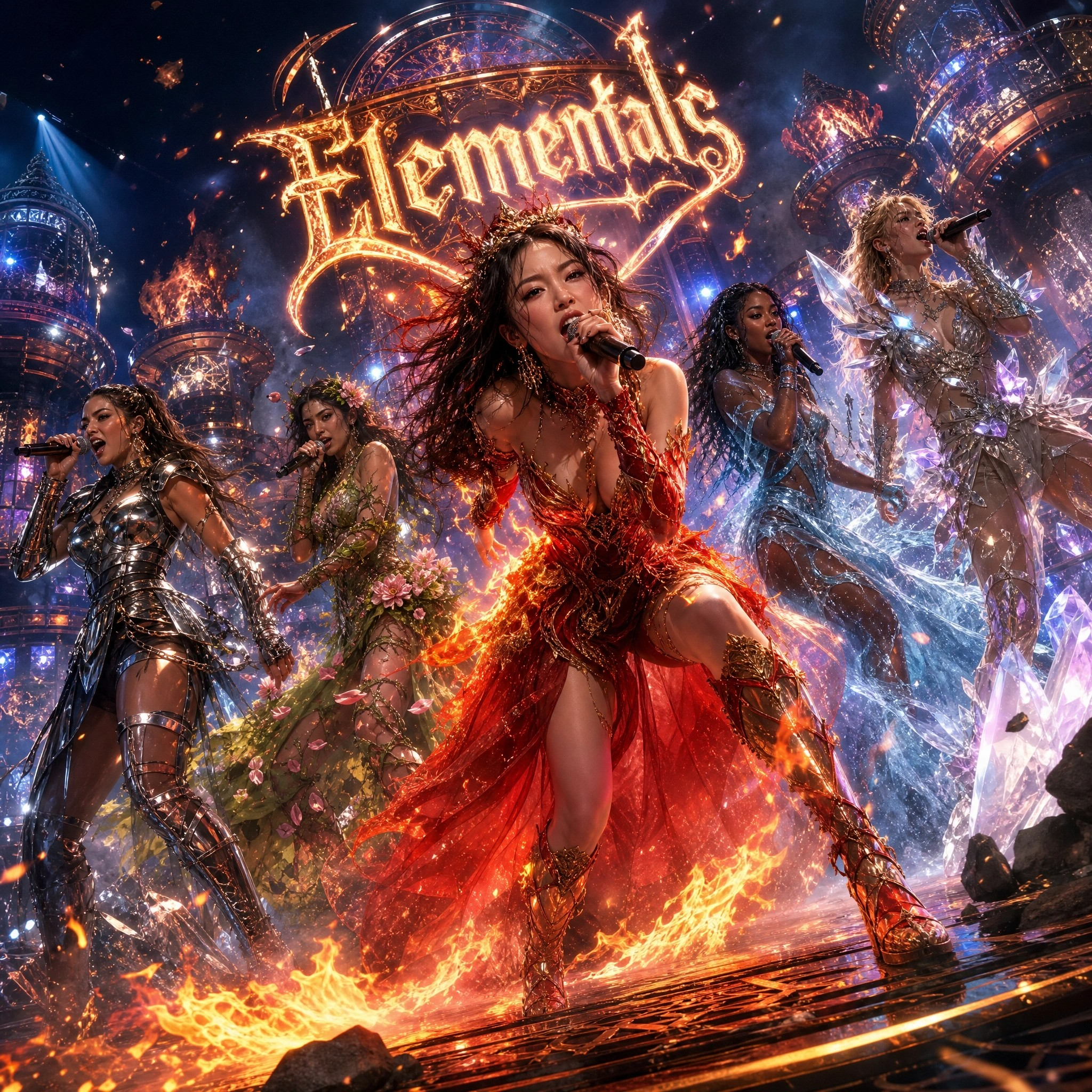 Five members of the fantasy "Elementals" pop group perform live on a magical glowing stage, each in unique elemental costu...