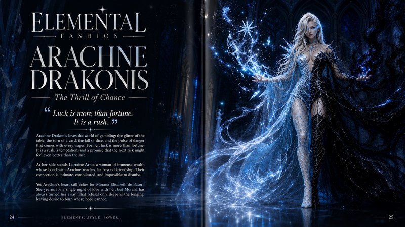 Open fantasy fashion magazine spread featuring sorceress Arachne Drakonis in a split glowing ice ...