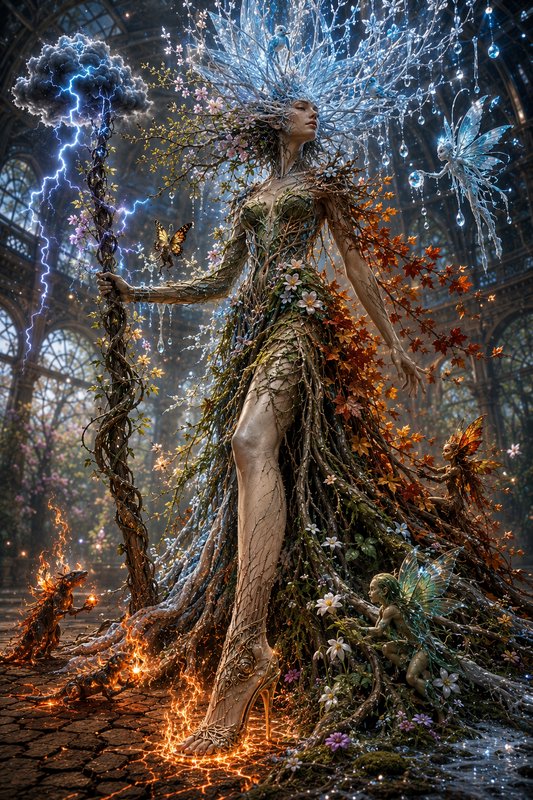 Four-seasons nature goddess made of roots, foliage and crystal holds a lightning staff, surrounde...