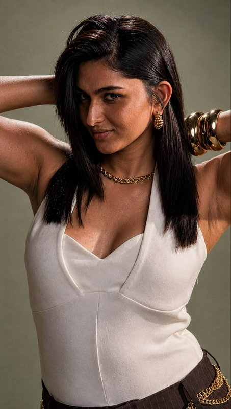 Glamorous studio portrait of a confident South Asian woman posing with hands behind her head, wea...