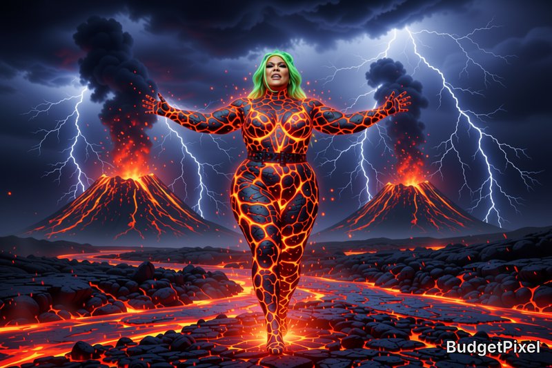 Powerful green-haired lava goddess with glowing molten skin stands with outstretched arms before ...