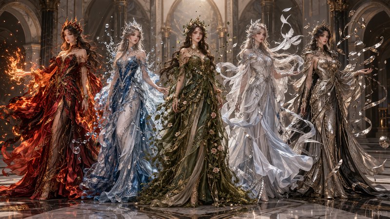 Five elemental fantasy goddesses in elaborate themed gowns stand in a grand marble palace, each w...