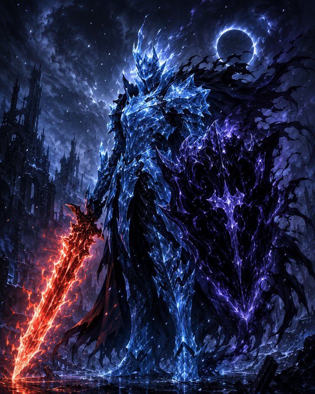 Towering crystalline blue armored dark fantasy knight holds a flaming red sword and void shield u...