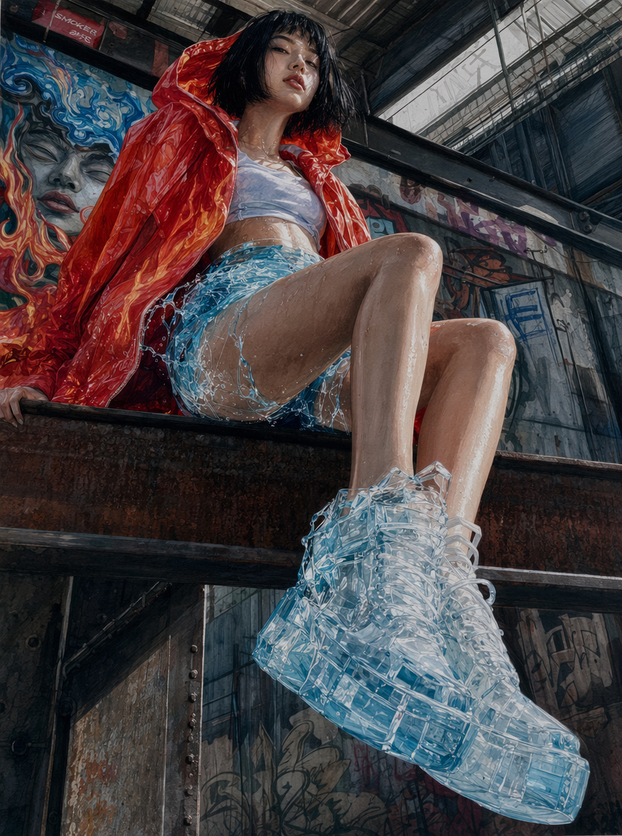 [Surreal portrait of young woman in red flame jacket, water shorts, crystal sneakers, seated on industrial graffiti-covere...