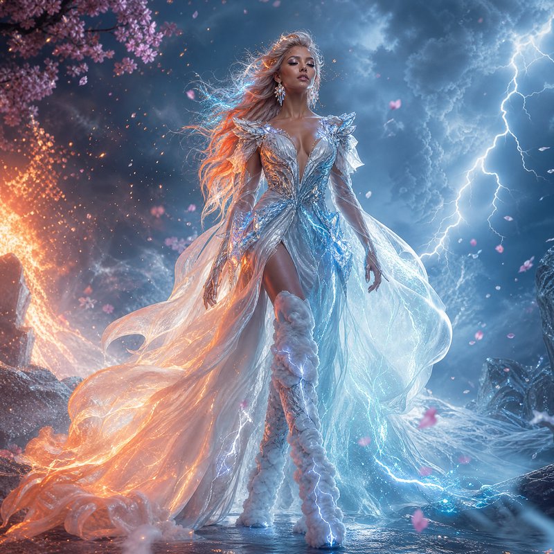 Elemental fantasy goddess in split fire-ice gown, standing amid storm lightning, falling cherry b...