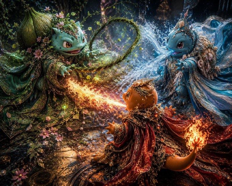 Regal jeweled Bulbasaur, Squirtle, and Charmander cast elemental magic in a magical enchanted for...