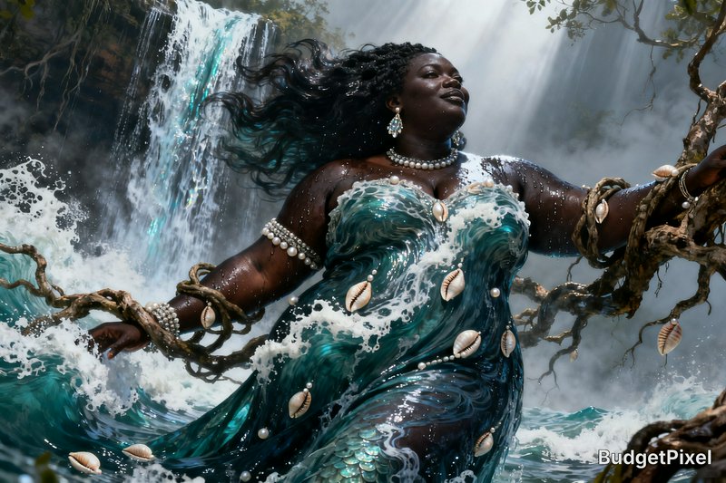 Mythical water goddess Yemoja, a curvy Black woman, stands in turquoise waters beside a misty sun...