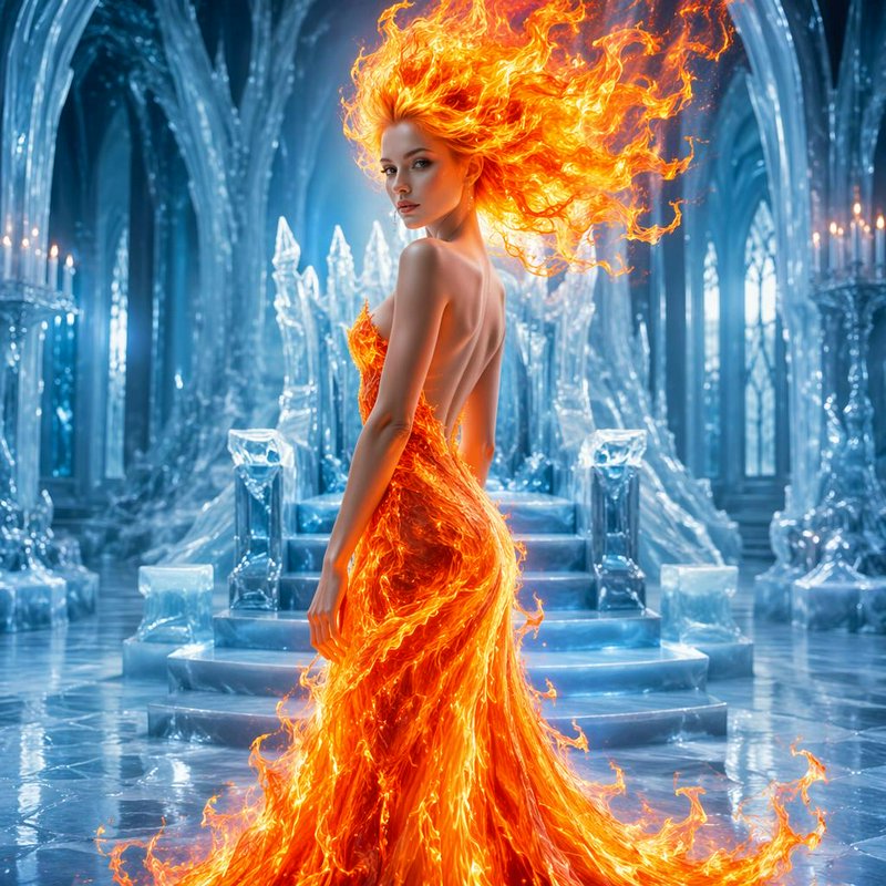 Fantasy elemental woman with fire hair and flame gown looks back, standing in a glowing icy cryst...