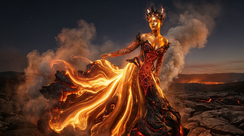 Regal fantasy fire queen with a molten lava gown standing on a smoldering volcanic landscape at dusk