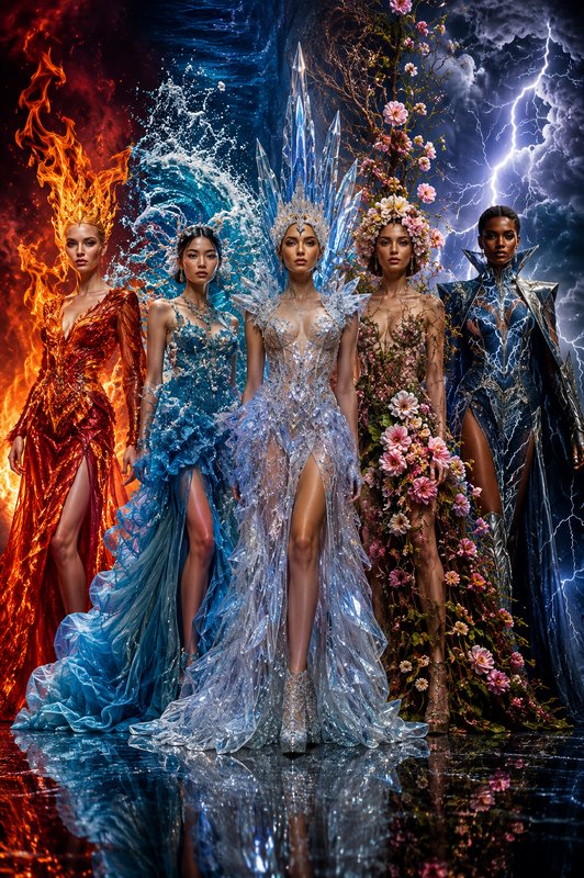 Five majestic elemental goddesses of fire, water, ice, nature, and lightning stand in elaborate m...