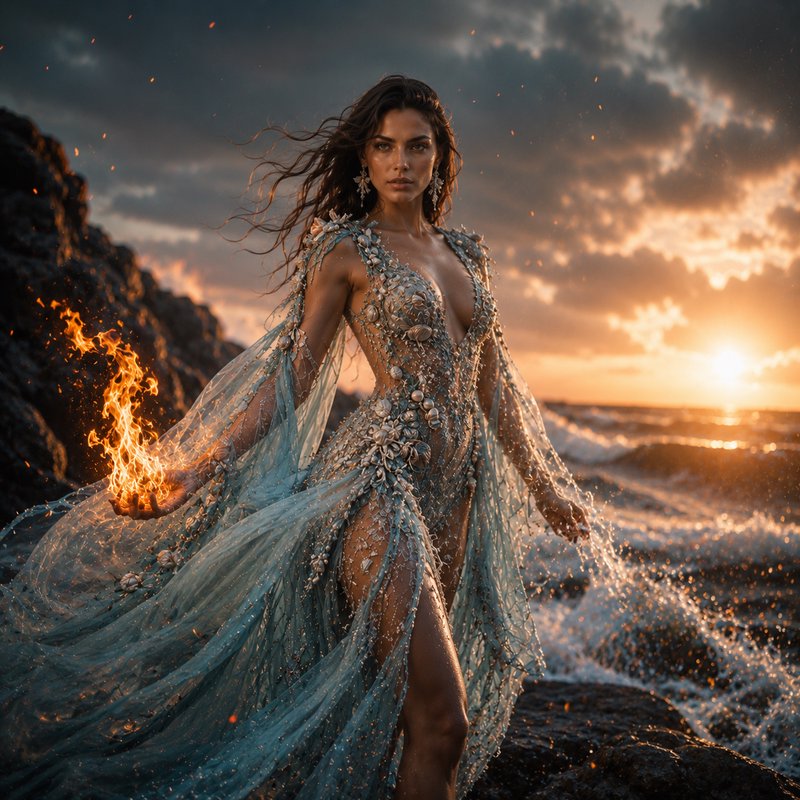 Fantasy sea goddess holding glowing fire standing on rocky stormy ocean shore at dramatic sunset