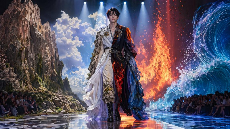 Male model in four-element fantasy couture walks a dramatic immersive runway with elemental set p...