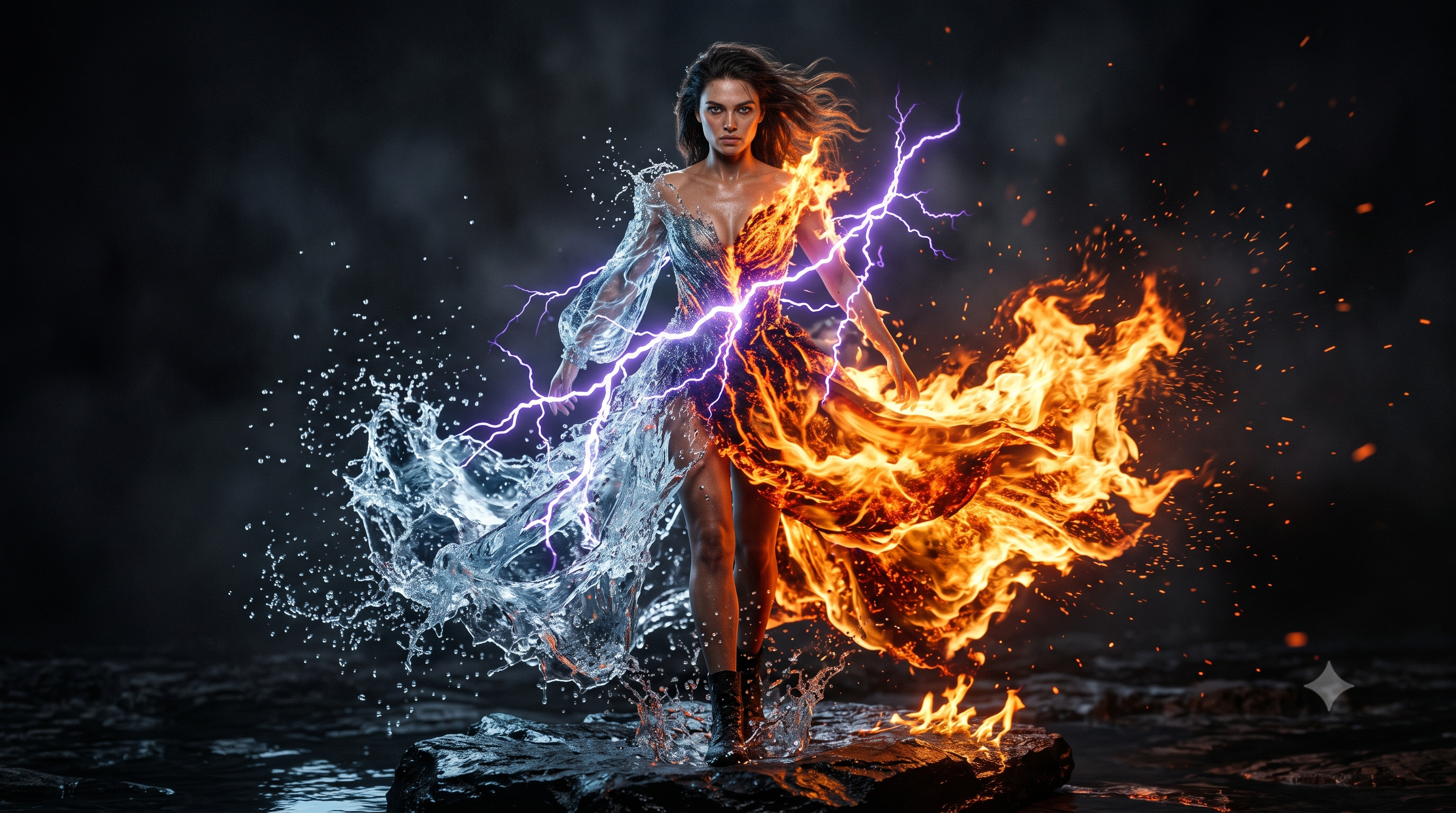 [Elemental goddess standing on rock, her dress split between flowing water and blazing fire, crisscrossed by vivid purple ...