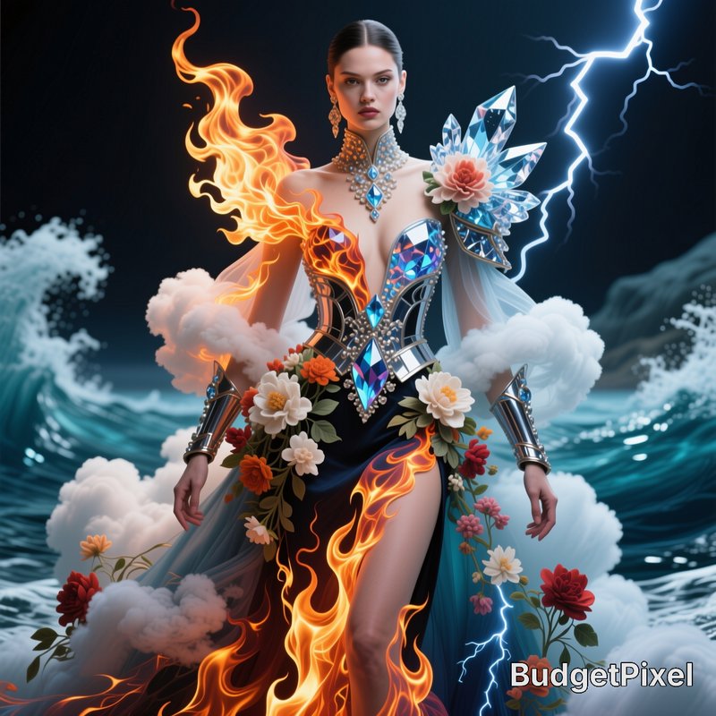 Surreal elemental fantasy goddess merging fire, ice, lightning, ocean, and floral magic in a stor...