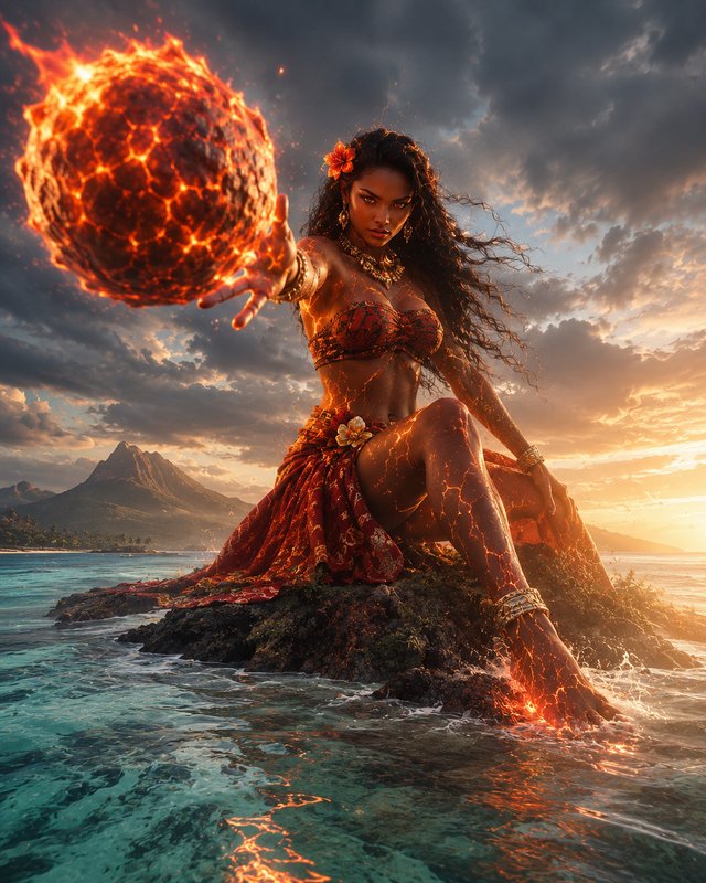 Powerful Polynesian fire goddess summons a glowing lava orb while seated on an ocean rock at stor...