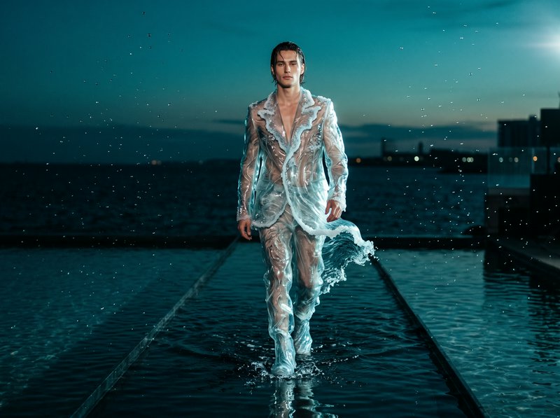 Male model in translucent water-designed suit walks on a submerged waterfront runway at twilight ...