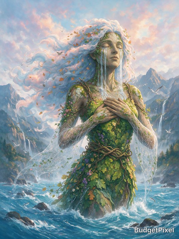 Ethereal Gaia nature goddess standing in ocean, stream tears, leaf gown, swirling cloud hair, mis...