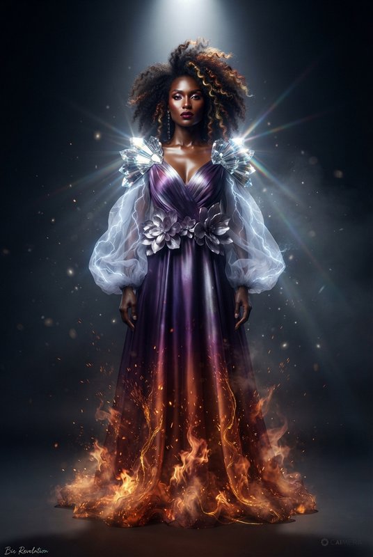 Regal dark-skinned fantasy queen in a magical gradient gown with crystal shoulders, lightning sle...