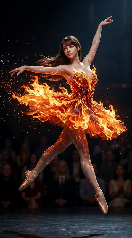 Graceful ballerina mid-leap on theater stage, wearing a tutu crafted from swirling bright orange ...