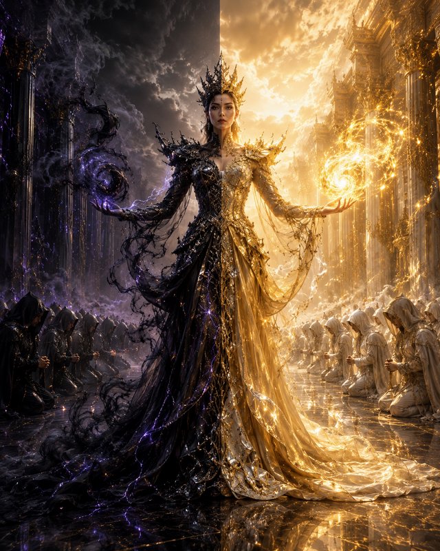 Dual fantasy queen split half dark shadow half golden light, holding opposing magical orbs before...