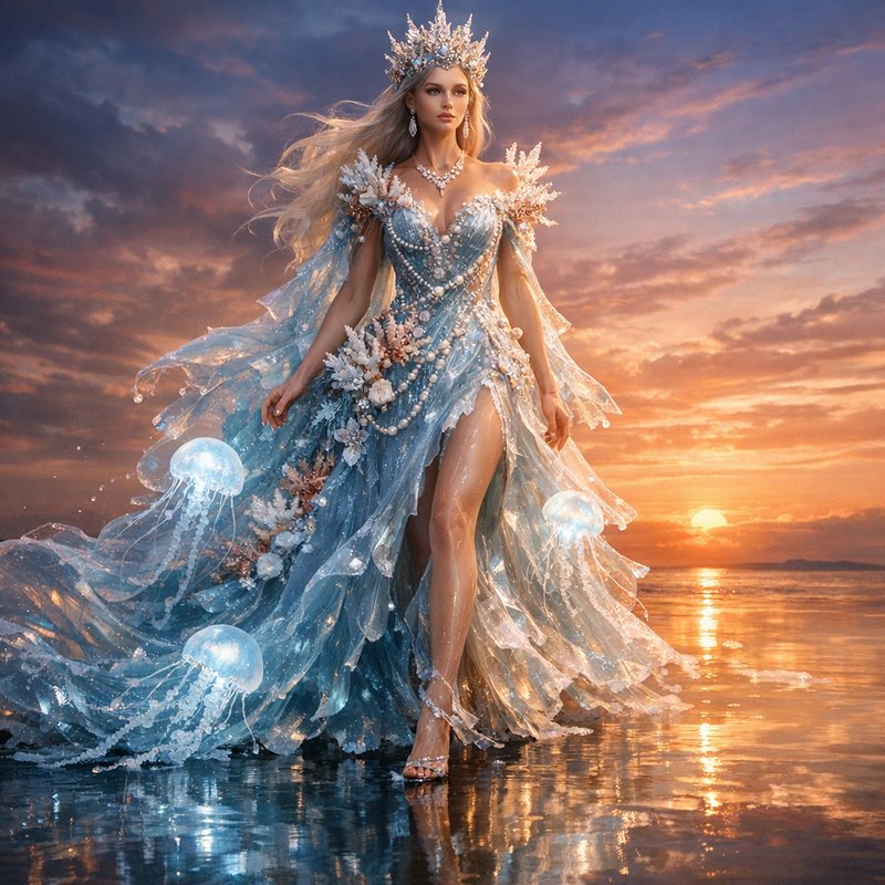 Regal ocean queen in beaded blue gown and crystal crown stands on sunset beach, glowing jellyfish...