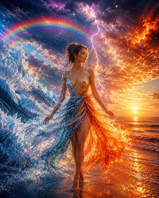 Ethereal elemental goddess in split fire-water gown walks on a shore beneath a stormy sky with ra...