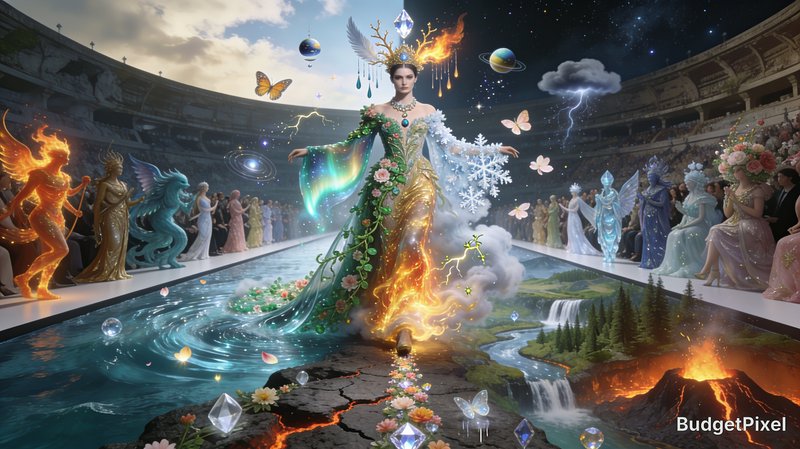 Fantasy elemental goddess walks a coliseum runway, her gown embodying fire, nature, water, ice, s...