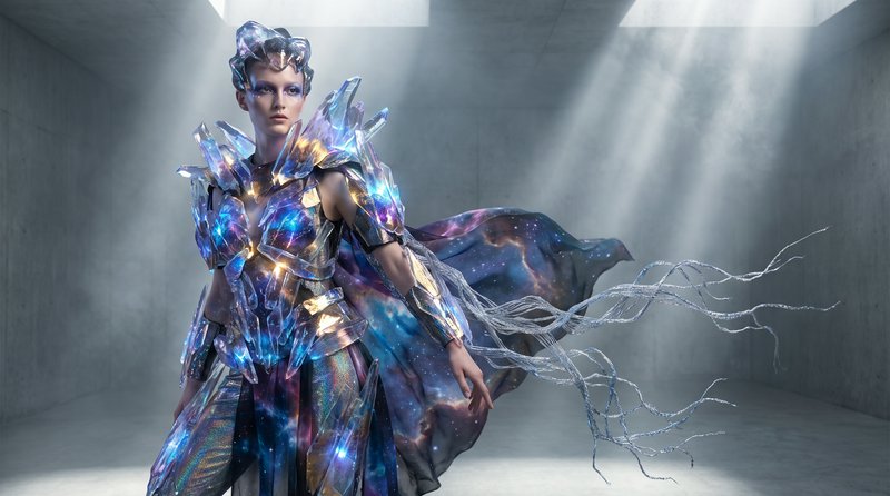 Female cosmic fantasy warrior in glowing iridescent crystal armor and nebula cape stands in a sun...