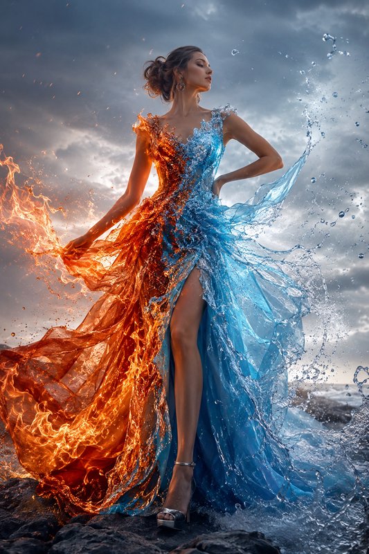 Elegant woman wearing a split fire and water gown stands on coastal rocks beneath a dramatic clou...