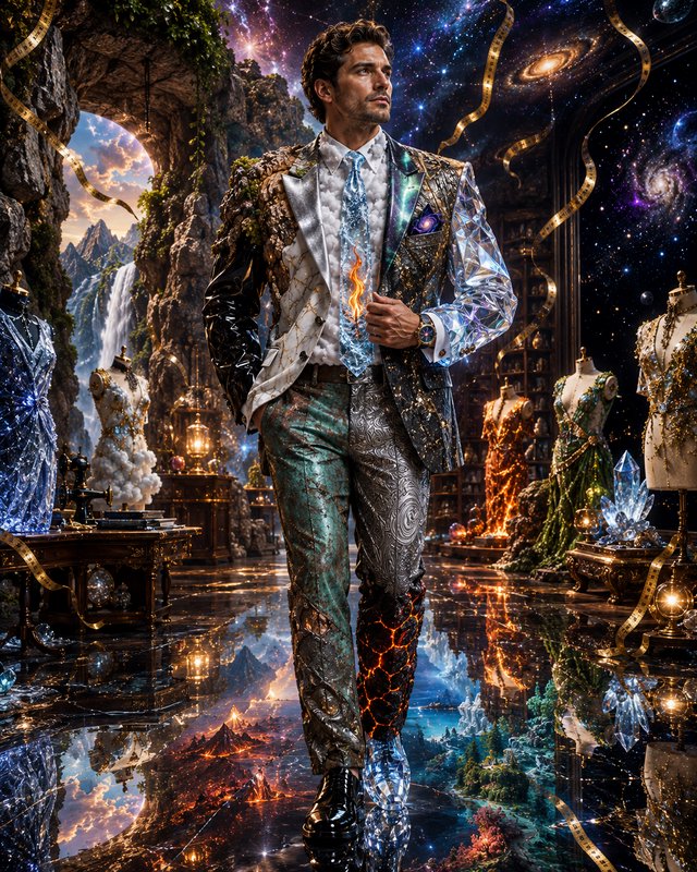 Surreal portrait of a man in an elemental patchwork suit standing in a fantastical cosmic fashion...