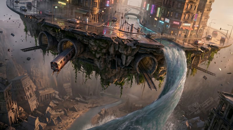 Surreal floating curved city, subway train exits a tunnel, river cascades off the platform edge a...