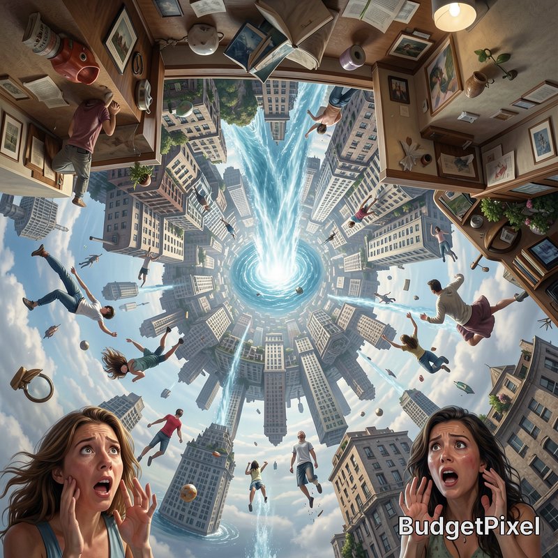 Surreal gravity-bending scene of skyscrapers, falling people, and upside-down home interiors pull...