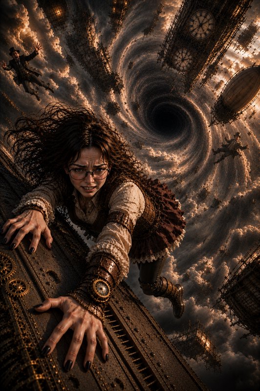Steampunk woman clings to a metal platform as a swirling sky vortex pulls clock towers, airships,...