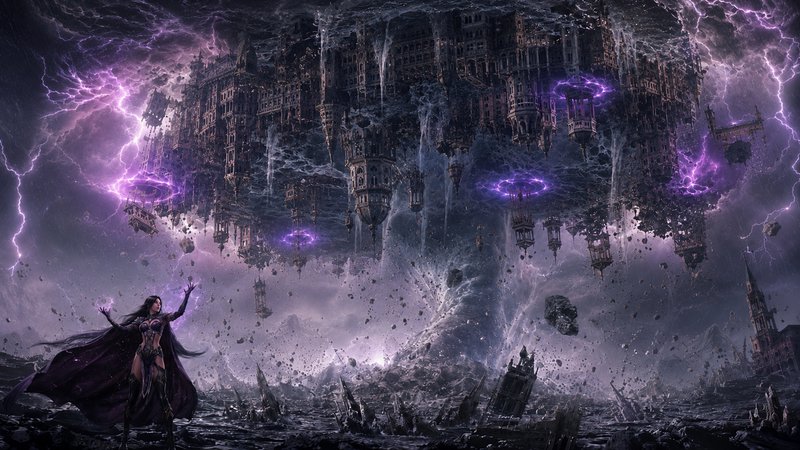 Powerful dark sorceress channels purple magic beneath an upside-down floating gothic city wreathe...