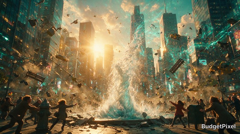Cinematic apocalyptic city scene, glowing turquoise energy explosion launches debris as panicked crowds flee at golden sunset