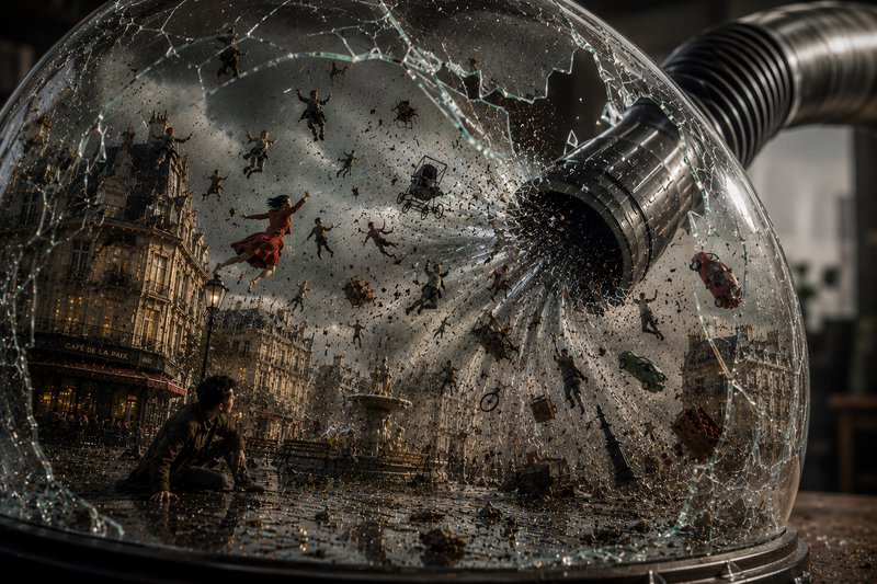 [Surreal cracked glass snow globe enclosing a Parisian cityscape, where a vacuum tube pulls floating people and debris ins...