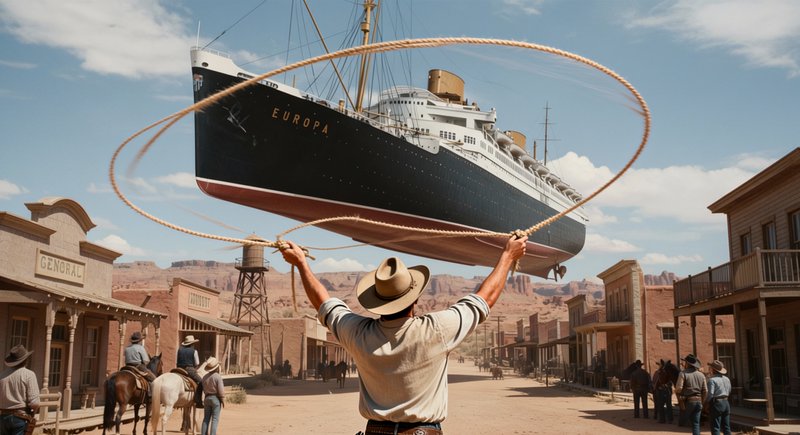Cowboy swings a lasso around a hovering vintage ocean liner above a Wild West desert town.