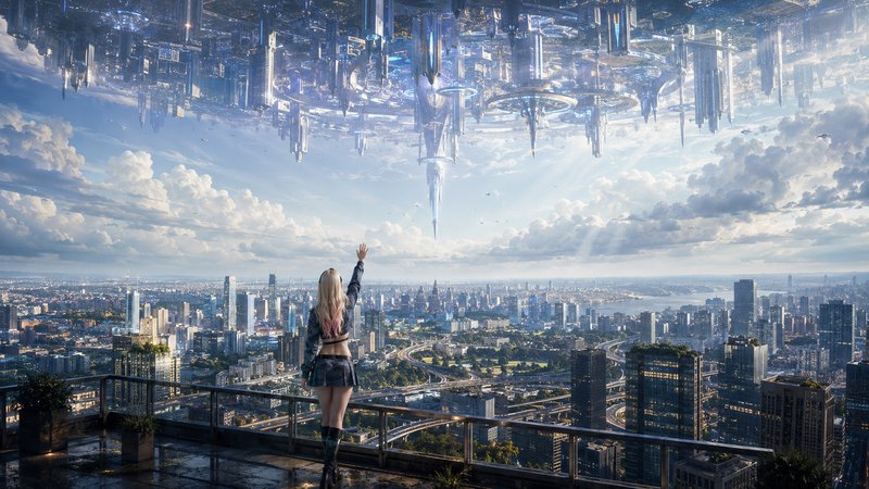 Young blonde woman waves from a rooftop, looking up at an inverted floating sci-fi city above a s...