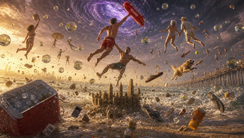 Surreal golden hour beach scene where people, a dog, and beach items float upward toward a swirli...