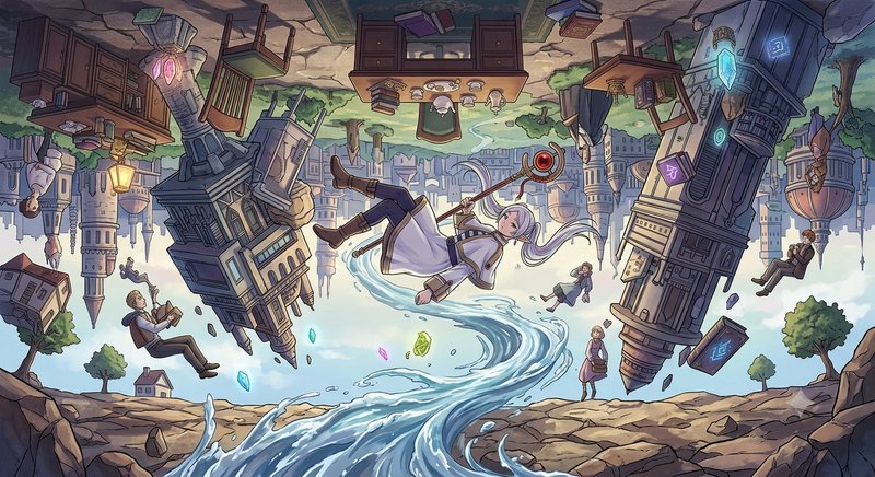 Silver-haired elf mage floats amid a surreal upside-down gravity-defying fantasy cityscape above ...