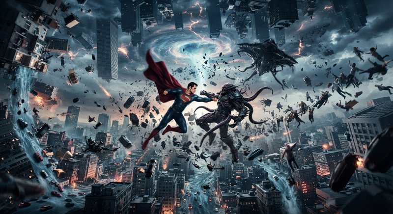 Superman punches a tentacled alien villain mid-flight above a collapsing tornado-wracked city dur...
